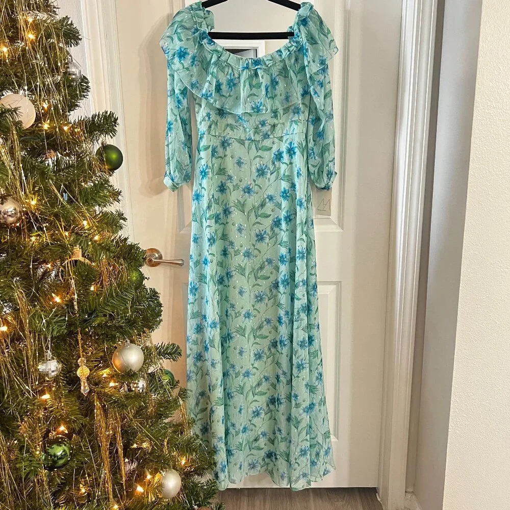 103 NWT Mikael Aghal Long Sleeve Floral Maxi Dress Size 6 Color Blue Green